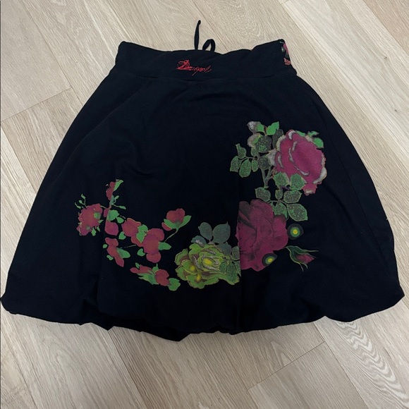 DESIGUAL (M) Balloon Floral Skirt Above Knee Elastic Waist Tie Soft Black - Picture 11 of 13